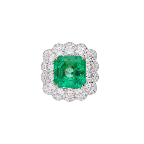 GRS Certified 8.04 Carat Minor Oil Colombian Emerald & Diamond Halo Ring