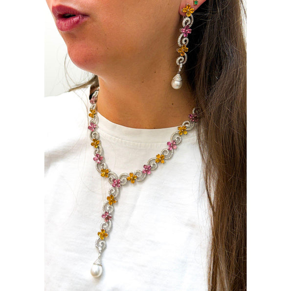 Greek 12 Carat Diamond South Sea Pearl Tourmaline Citrine Earring Necklace Set