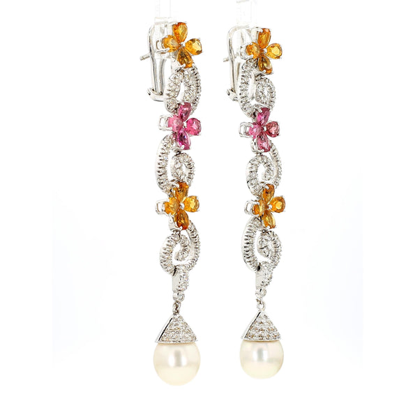 Greek 18K White Gold Diamond Pink Tourmaline Yellow Garnet Pearl Drop Earrings