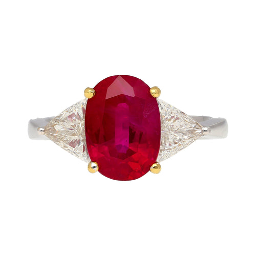 Gubelin Certified 4.47 Oval Cut Ruby with Trillion Cut Diamond Sides in 18K White Gold Ring