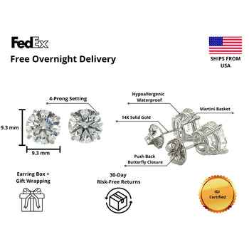 IGI Certified 6 Carat Total Round Cut 4-Prong Push Back Stud Earrings in 14K Gold – Assay Jewelers