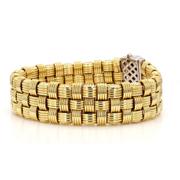 Italian 18K Gold Diamond Pave Clasp Woven Basket Bracelet
