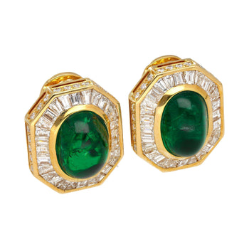 Mouawad Signed Vivid Cabochon Emeralds & Baguette Diamond Halo Clip On Earrings – Assay Jewelers