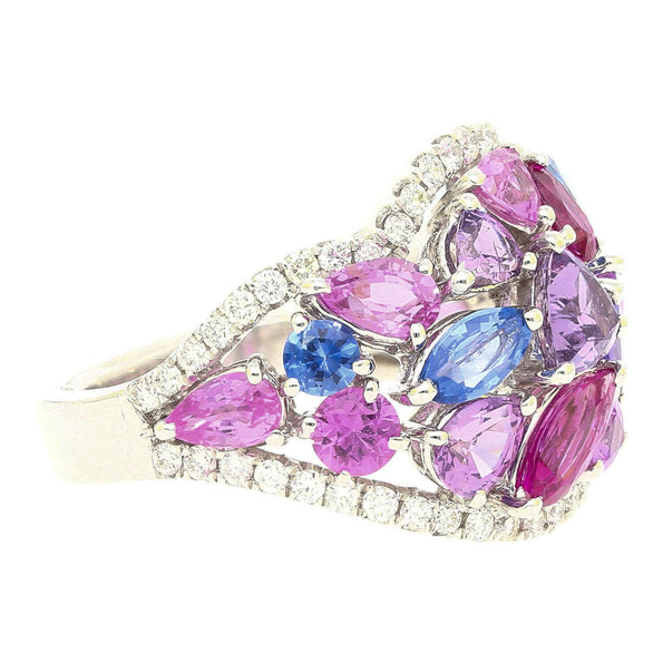 Multicolor Sapphire Pear Marquise Mix & Diamond Cluster 18K White Gold Dome Ring