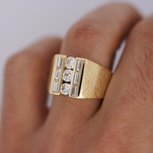 Natural 1 Carat Round & Baguette Cut Diamond in 18K Yellow Gold Matte Mens Ring