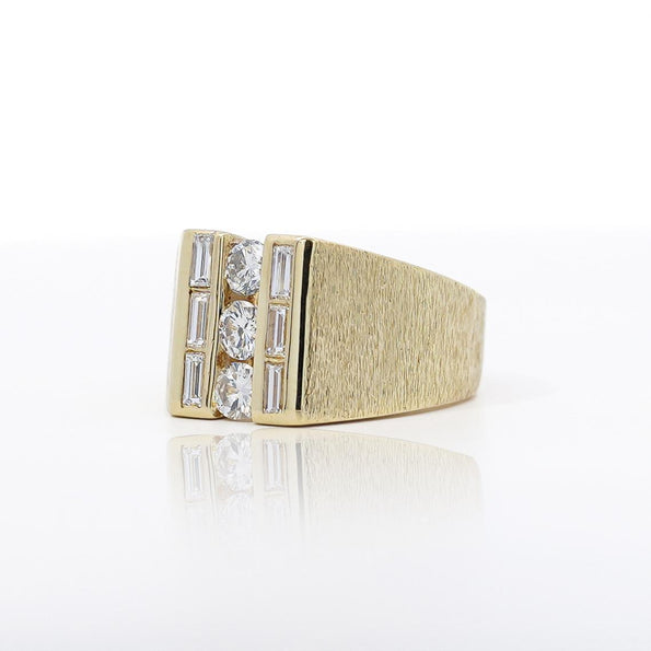 Natural 1 Carat Round & Baguette Cut Diamond in 18K Yellow Gold Matte Mens Ring
