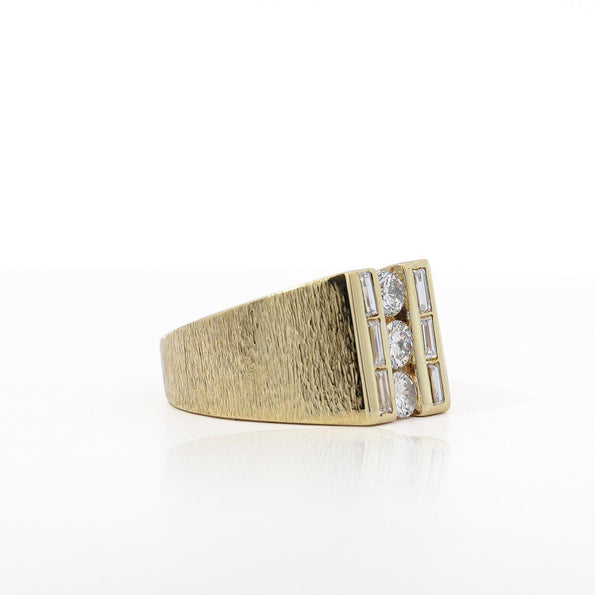 Natural 1 Carat Round & Baguette Cut Diamond in 18K Yellow Gold Matte Mens Ring