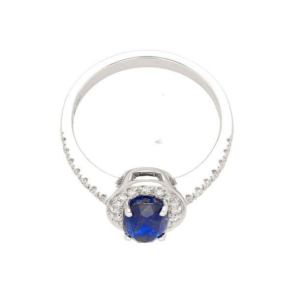 Natural 1.45 Carat Oval Cut Blue Sapphire and Diamond Halo 18k White Gold Ring