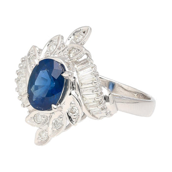 Bague florale en platine avec saphir bleu ovale naturel de 1,52 carat et diamants – Assay Jewelers
