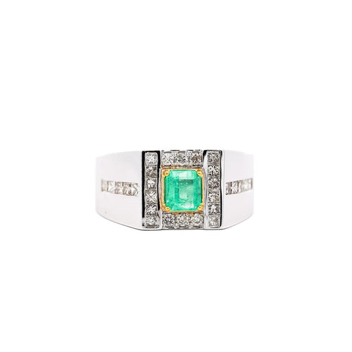 Natural 1.78 Carat Emerald and Diamond 18K Gold Mens Ring