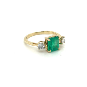 Natural 2.05 Carat Colombian Emerald and Diamond Three-Stone Thin Band Ring in 14K Yellow Gold – Assay Jewelers