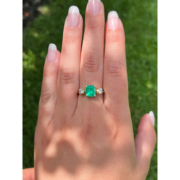 Natural 2.05 Carat Colombian Emerald and Diamond Three-Stone Thin Band Ring in 14K Yellow Gold – Assay Jewelers