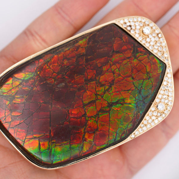 Natural Ammolite and Diamond Pave 14K Gold Brooch Pin