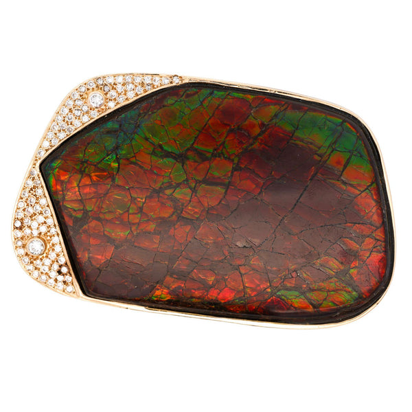 Natural Ammolite and Diamond Pave 14K Gold Brooch Pin