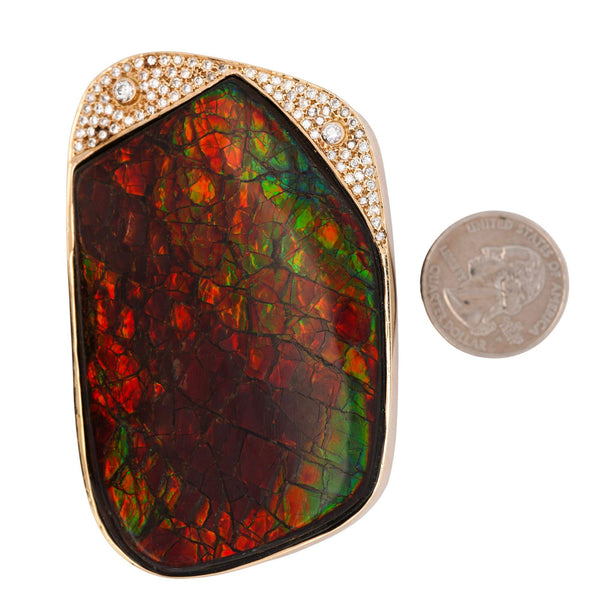 Natural Ammolite and Diamond Pave 14K Gold Brooch Pin