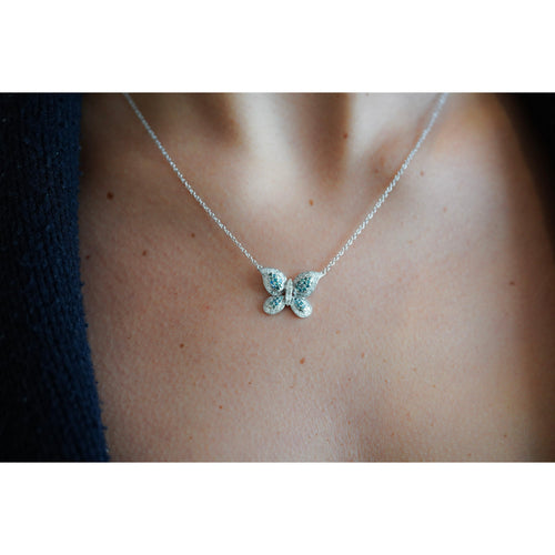 Natural Blue and White Diamond Cluster Butterfly Charm Floating Pendant Necklace