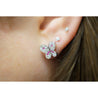 Natural Diamond and Pink Sapphire Cluster Butterfly Stud Earrings in 14K White Gold