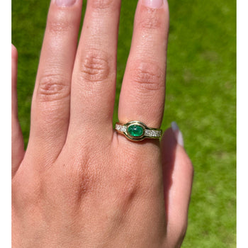 Natural Emerald Bezel Set Cabochon Cut Ring With Princess Cut Diamonds in 18K Yellow Gold – Assay Jewelers