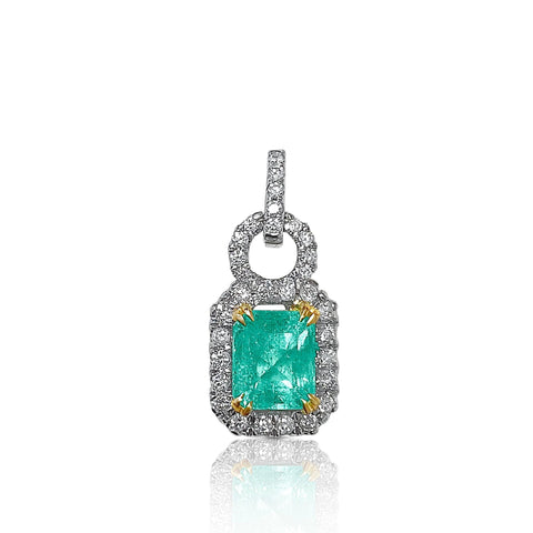 Natural Emerald Pendant and Diamond Halo in 18k Solid White Gold