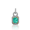 Natural Emerald Pendant and Diamond Halo in 18k Solid White Gold