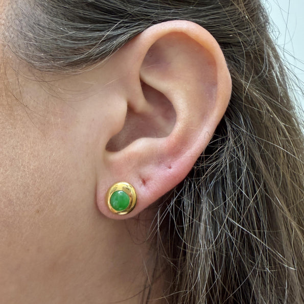 Natural Oval Cabochon Jadeite Jade Bezel Set in 18K Yellow Gold Stud Earrings