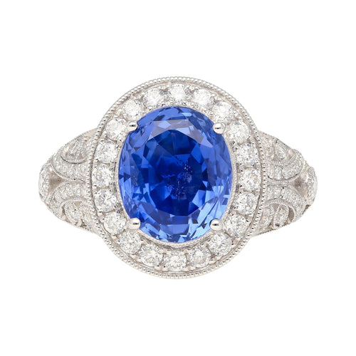 No Heat 4.79 Carat Blue Ceylon Sapphire with Diamonds in 18K Gold Ring