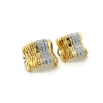 Orlandini Signed 18K Two Tone Gold Ribbed Bar Hug Hoop Earrings with Round Cut Diamonds – Assay Jewelers