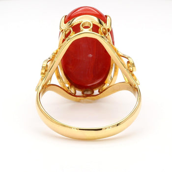 Oval Redish Orange Coral Cabochon 18K Gold Filigree Scrollwork Ring – Assay Jewelers