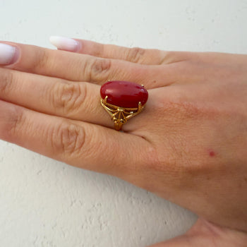 Oval Redish Orange Coral Cabochon 18K Gold Filigree Scrollwork Ring – Assay Jewelers