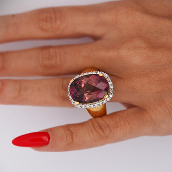 18.75 Carat Cushion Cut Pink Tourmaline & Diamond Halo Set 18K Yellow Gold Ring – Assay Jewelers