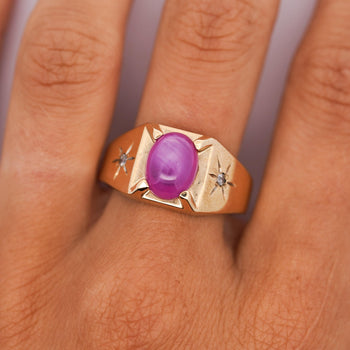 Pink Star Sapphire & Diamond 14K Gold Unisex Statement Ring – Assay Jewelers