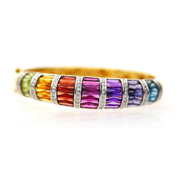 Rainbow Multi-Color Gemstone Baguette 18K Gold Band Bangle Bracelet