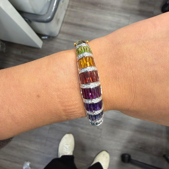 Rainbow Multi-Color Gemstone Baguette 18K Gold Band Bangle Bracelet