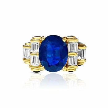 Retro Style Chanthaburi Blue Sapphire ring with Baguette Diamond Sidestones – Assay Jewelers