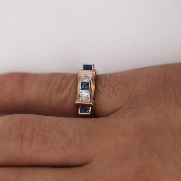 Retro Style Sapphire & Diamond Channel 14K Two Tone Unisex Band Ring