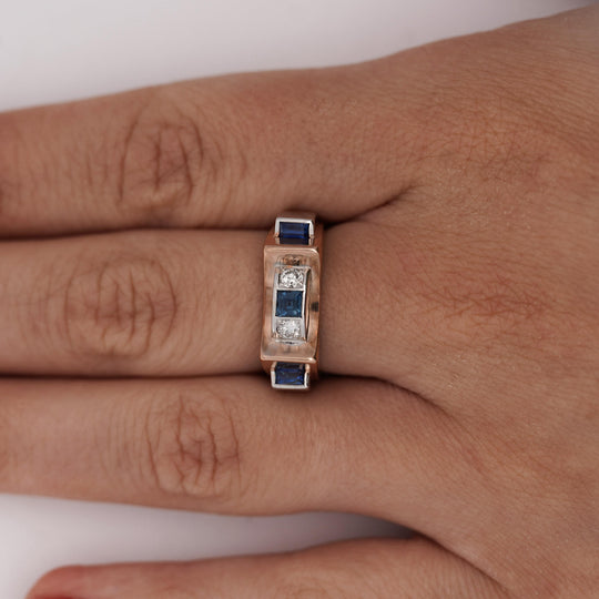 Retro Style Sapphire & Diamond Channel 14K Two Tone Unisex Band Ring