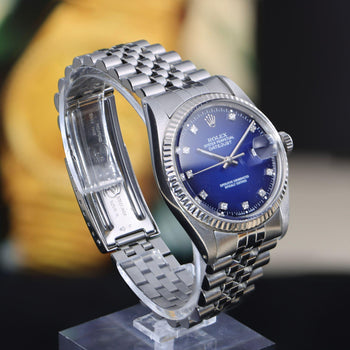 Rolex Datejust 16014 Blue Vignette Diamond Dial 36mm Steel White Gold Watch – Assay Jewelers