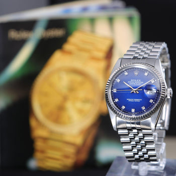 Rolex Datejust 16014 Blue Vignette Diamond Dial 36mm Steel White Gold Watch – Assay Jewelers