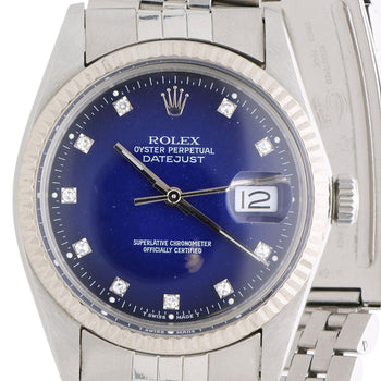 Rolex Datejust 16014 Blue Vignette Diamond Dial 36mm Steel White Gold Watch – Assay Jewelers