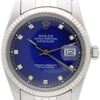 Rolex Datejust 16014 Blue Vignette Diamond Dial 36mm Steel White Gold Watch – Assay Jewelers