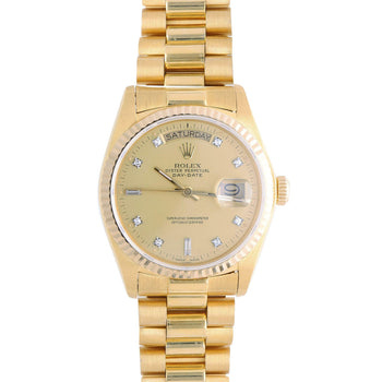 Rolex Day-Date 18038 Champagne Diamond Dial 18K Gold 36mm Circa 1978 Watch – Assay Jewelers