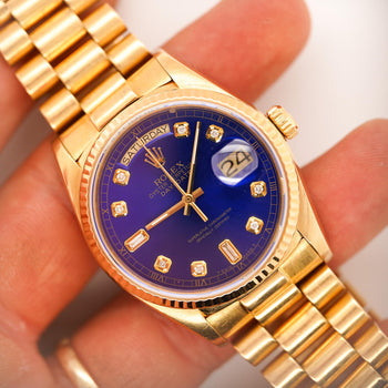 Rolex Day-Date 36mm 18038 Night Blue Diamond Dial 18K Gold Watch – Assay Jewelers