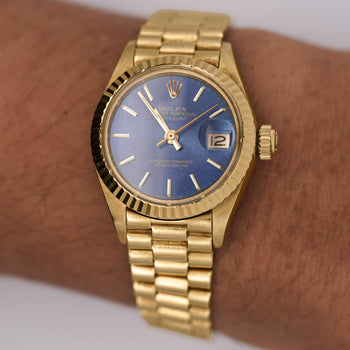 Rolex Lady DateJust 6917 Blue Dial 18K Gold President Bracelet Watch – Assay Jewelers