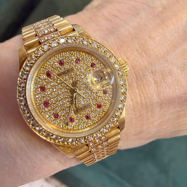 Rolex Lady Datejust 26mm 18K Yellow Gold Diamond Ruby Pave Dial President Watch