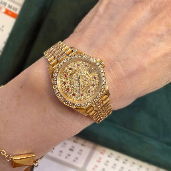 Rolex Lady Datejust 26mm 18K Yellow Gold Diamond Ruby Pave Dial President Watch