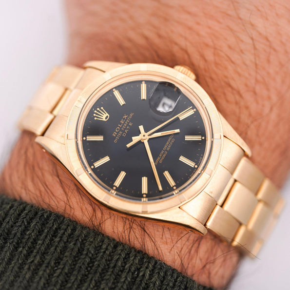 Rolex OP Date 1501 34mm 18K Gold Black Gloss Dial Watch