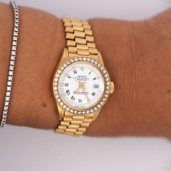 Rolex OP DateJust Presidential White Face 26mm Diamond Bezel 18K Gold Watch