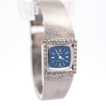 Rolex Precision 2157 Ladies 18k White Gold Diamond Bezel Blue Dial Watch 1972 – Assay Jewelers