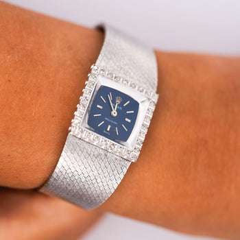 Rolex Precision 2157 Ladies 18k White Gold Diamond Bezel Blue Dial Watch 1972 – Assay Jewelers
