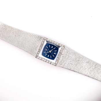 Rolex Precision 2157 Ladies 18k White Gold Diamond Bezel Blue Dial Watch 1972 – Assay Jewelers